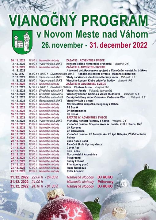 Nové Mesto nad Váhom, 26.11. – 31.12.2022, Vianočný program v Novom Meste nad Váhom