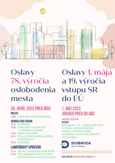 Dubnica nad Váhom, 28.4. a 1.5.2023, Oslavy 78. výročia oslobodenia mesta, 1. mája a 19. výročia vstupu do EÚ