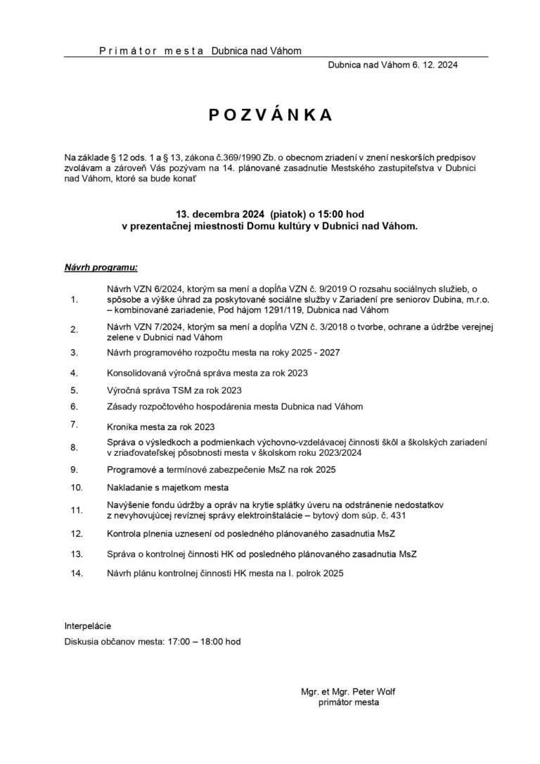 Dubnica nad Váhom, 13.12.2024, Pozvánka na 14. plánované zasadnutie MsZ v Dubnici nad Váhom