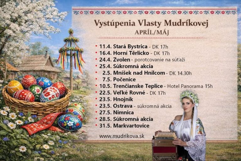 Vlasta Mudríková v apríli a máji 2026